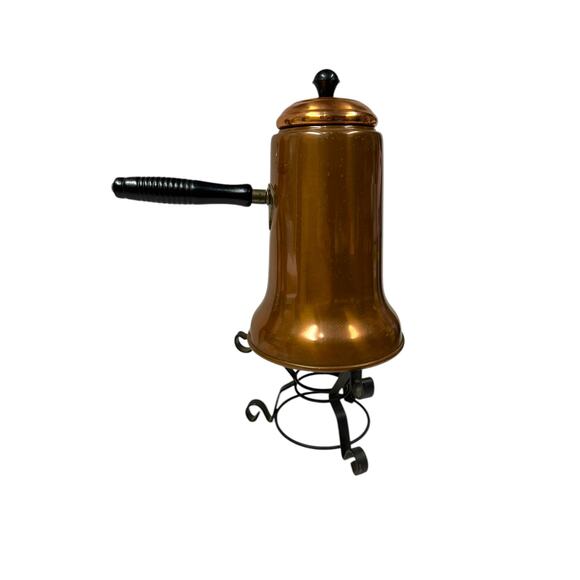 Vintage Copper Finish Turkish Coffee Kettle Tea Pot Side Handle Lid 8" w/ Stand - Picture 2 of 9